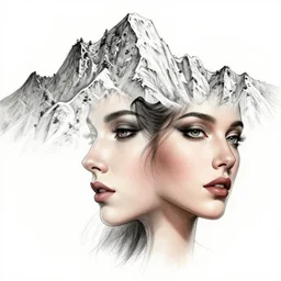 a beautiful woman face next to mighty mountains, tattoo design sketch, amazing blend effect, hyper - realistic, in the style of matteo pasqualin, amazing detail, black and white