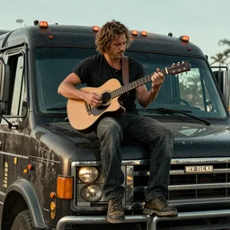 a man playing guitar on truck, madmax 4