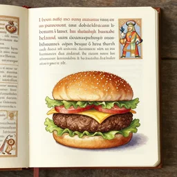 ( ( ( ( illustrated recipe for an hamburger ) ) ) ) lot of medieval enluminures in the background explaining the recipe, found schematic in a notebook
