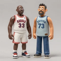 A 5'5 Shaquille O'Neil next to a 7'2 Danny DeVito, claymation