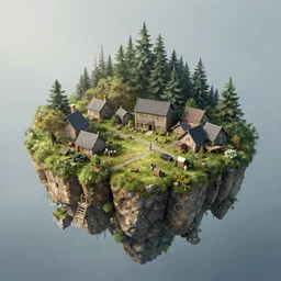 floating island with a small village, in detailed realistic style