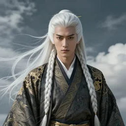 portrait, fujin, handsome male japanese god of wind, long braided white hair, dramatic, very detailed, ornate, sky, clouds, 8 k, octane render, william bouguereau, rossdraws, greg rutkowski