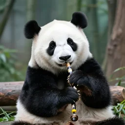 adorable panda cub playing bagpipes at the chengdu panda base exhibit, national geographic style