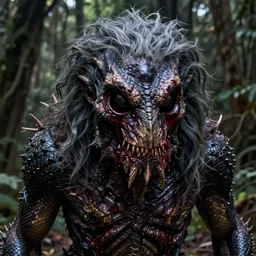 realistic highly detailed picture of hollow monster without eyes, blood coming from eyeholes, gray hair, dark lizard skin, ray - tracing, dark forest, cinematic