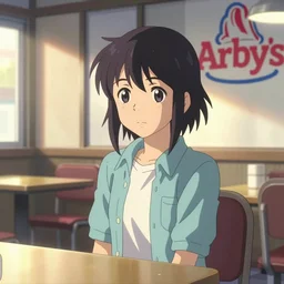 the inside of an Arby's anime still from OVA animated by Makoto Shinkai beautiful sunlight and reflections