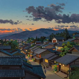 a colorful and beautiful painting, a close-up view of a japanese town at dusk, by Laurie Greasley, artstation, Studio Ghibli color scheme