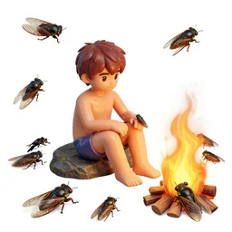 a plastic fantastic lover is staying surrounded cicadas, biomass's bonfire's and then it disappeared, detailed colorful comics