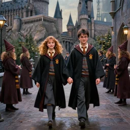 harry potter and hermione hand in hand walking in hogwarts yard, elves around, lovely, lightly dark theme, harry potter theme, by monet, trending on artstation
