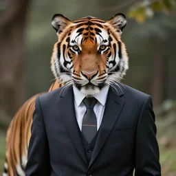 high quality presentation photo of a tiger dressed in a suit, photography 4k, f1.8 anamorphic, bokeh, 4k, 85mm lens
