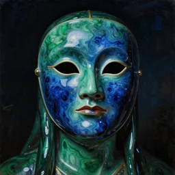 a portrait of a liquid porcelain ruby sapphire malachite model with a magical mask. night time. deep reflective green blue tones. renaissance masterpiece. highly detailed sci - fi fantasy painting by norman rockwell, frank frazetta, johfra bosschart, and syd mead. rich colors, high contrast, dark background. artstation