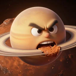 3 d render of the mars with a angry cartoon face eating saturn, au naturel, hyper detailed, digital art, trending in artstation, cinematic lighting, studio quality, smooth render, unreal engine 5 rendered, octane rendered, art style by pixar