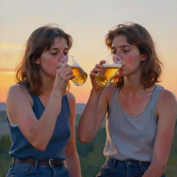 portrait of two girls drinking beer by john chamberlain, sunset colors