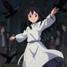 anime visual, dark portrait of a young fantasy priestess, ritual at an altar exterior, crowd, at night, crows, very low light, cute face by ilya kuvshinov, yoh yoshinari, makoto shinkai, dynamic pose, dynamic perspective, anime cel, anime still image, flat cel shading mucha, rounded eyes, crisp smooth clean lines, dramatic