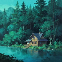 high detail sharp anime gouache background  ,  moody anime forest house near lake , cyan background atmosphere , panorama painting by by chun li