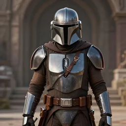 the mandalorian in medieval armor, star wars, looking at viewer, very detailed, octane render, portrait photography, 8 k