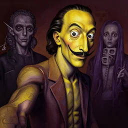 a dark yellow and purple humanoid, hyper detailed, intricate, in the style of salvador dali and junji ito and alex grey, selfie, volumetric lighting, ray tracing