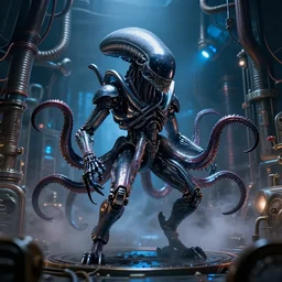 5 0 mm portrait of a wet black metallic chrome mass effect robotic cthulhu lovecraft octopus xenomorph alien in a science fiction steampunk tesla coil engine room, pipes, wires, dramatic lighting, octane, blue lights, lens flare, industrial, dirty, trending on artstation, golden ratio, mist, action, volumetric lighting