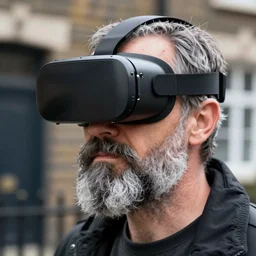 a grey bearded man wearing a vr headset, shoreditch, real life skin, intricate, highly detailed, artstation, concept art, smooth, sharp focus, art by artgerm and greg rutkowski
