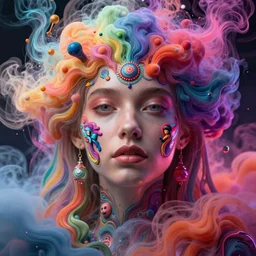 a beautiful girl engulfed in colorful liquid clouds and neon smoke, colorful psychedelic experience, psilocybin, dmt, lsd, face, highly detailed, artstation, concept art,, sharp focus, digital art by hana yata, and artem demura and beeple, lisa frank, cyberpunk, octane render, unreal engine, 8 k