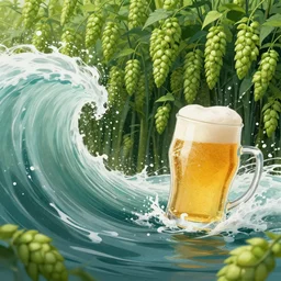 a wave made of beer swarming a hop field.
