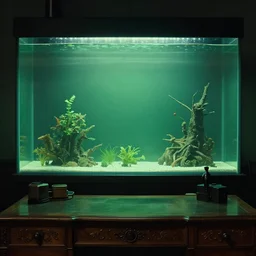 photo of an aquarium wall behind your ornate desk by, tim hildebrandt, by wayne barlowe, trending on artstation, cinematic composition, simple detail. greenish lighting,