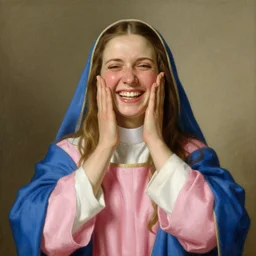 a frontal portrait of a priestess, dressed in pink and blue, so happy that her face hurts, by donato giancola and norman rockwell.