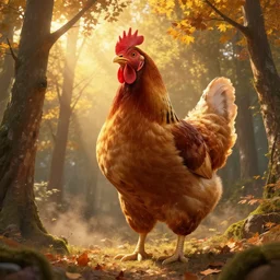 giant chicken in a forest during the golden hour in autumn, volumetric sun rays and dust,  highly detailed 4K fantasy matte painting by Thomas Kinkade, ArtStation, CGSociety, Unreal Engine