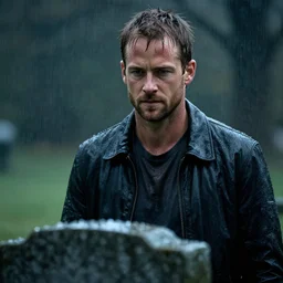 paul walker stands at a grave in the rain, dark, sweaty, dramatic, long lens, anamorphic, photography, close up, michael bay
