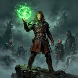 portrait dangerous dave, sorcerer of the northern winds wearing a leather doublet brandishing a glowing green orb whilst standing on a cliff Jean Sebastien Rossbach jana schirmer jeff simpson greg staples