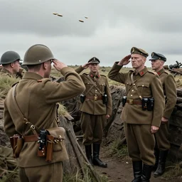 British soldiers saluting to a British General, First World War, trench, bullets wizzing overhead, grim, highly detailed, 4k, sideshot