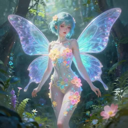 one beautiful cyber fairy in a cyberpunk garden, body covers with neon flowers, elegant pose, realistic digital painting, artgerm, sakimichan, huang guangjian