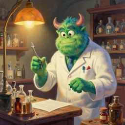 a beautiful and highly detailed painting of an aaahh!!! Real Monsters pharmacist in an aaahh!!! Real Monsters apothecary by James Gurney and beeple | Unreal Engine: .4 | establishing shot | graphic novel, illustration: .5 | Tim White: .2