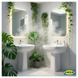 IKEA catalogue photo of a cyberpunk bathroom, mirrors, steamed up, monstera plants, overgrown, vines, by Paul Lehr