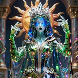 hyper detailed ultra sharp portrait of baroque and bladerunner delicate neon glass sculpture of seductive albino christian santamaria, tigers green iridescent humanoid deity wearing metallic hoody made out of hands holding the sun prismatic dungeon, glowing blue face, crown of white diamonds, cinematic lighting, photorealistic, octane render 8 k depth of field 3 d