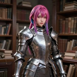 a masterpiece ultrarealistic ultradetailed photograph of a lifelike real anime girl that is dressed in steel plate armor, vibrant dyed hairs, inside a cluttered library, photoreal image, art by wlop, photoreal, highly rendered, blender, unreal engine, readable, extremely detailed, trending on artstation, sharp focus, 4 k, by artgerm