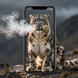 Snow leopard vaping and doing vape tricks, iPhone photo
