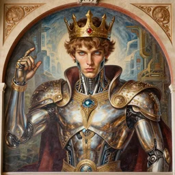 beautifully painted mural of a stunning young cyborg king in ornate royal metallic fabric, piercing glowing eyes, sci fi scenery, vogue cover poses, mural in the style of sandro botticelli, caravaggio, albrecth durer
