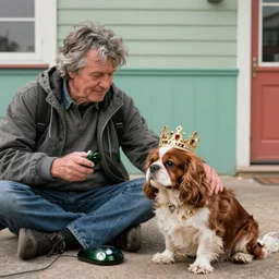 Buddy the graying middle aged homeless man playing xbox and petting King Charles the english bulldog wearing a crown, dog wearing a crown, photo by Wes Anderson