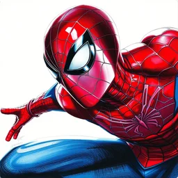 photorealistic. hyperdetailed. drawing. red and blue, shiny suit. spider - man. by john romita jr.