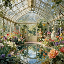a beautifull intricate greenhouse with many flowers, reflexions, verry high details by william turner art, greg rutkowski and alphonse mucha, trending on artstation, very very detailed, masterpiece, - w 1 0 2 4