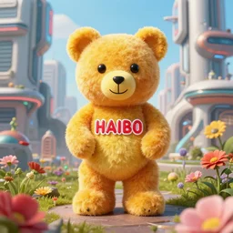 portrait of haribo bear in future city, color and shape focus, central composition, natural light, bloom, puff, by simon stalenhag and rene magritte an