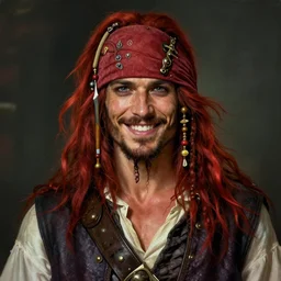 portrait of a young ruggedly handsome but joyful pirate, male, masculine, upper body, red crimson hair, long long long flowing hair, fantasy, proud smirk, intricate, elegant, highly detailed, digital painting, artstation, concept art, matte, sharp focus, illustration, art by artgerm and greg rutkowski and alphonse mucha