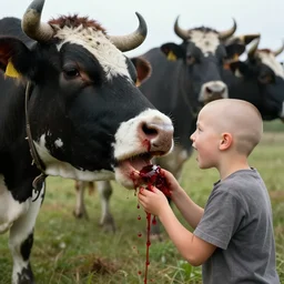bald kid gathering blood from the mouth of a 3 headed demon cow, realistic