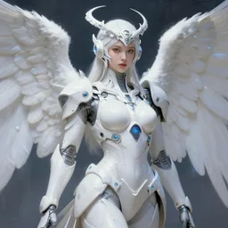 a beautifull white cast cyber angel in power armor with pretty face, ornate headpiece, futuristic digital painting, cyberpunk, 8 k, hyper detailed, octane render, concept art, by peter mohrbacher, by wlop, by ruan jia,