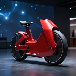 a design of a futuristic monowheel, designed by pininfarina, northern lights background, brushed red bike paint, black rims, dark show room, dramatic lighting, hyper realistic render, depth of field