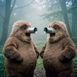 a lomography photo of rumble between two sirenhead in foggy forest this morning, bokeh,