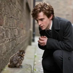 Emma Watson as Sherlock Holmes inspecting a little creature in an alley