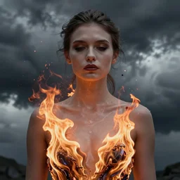 dress made of fire, liquid, woman, solemn, female, rising from ashes, high detail, high contrast, extreme close up portrait, beautiful, bokeh, storm clouds, god rays, d & d, fantasy, elegant, red yellow orange white color palette, concept art, roger deakins, greg rutkowski, alphonse mucha