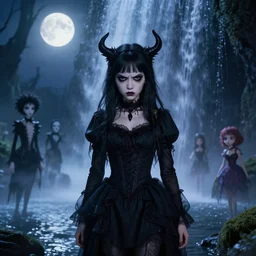 full shot portrait of angry darkness Clara Morgane as a cute anime girl under waterfall at moonlight, gothic wearing, inspired by Tim Burton, Norihiro Yagi, Marc Simonetti, Amano, Juri Misaki, detailed, unreal engine 4k volumetric light, fog,