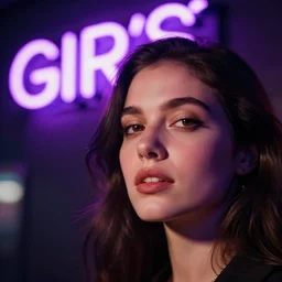 A hyper realistic and detailed head portrait photography of a woman. In the background there is a purple neon sign that spells GIRLS. Neo noir style. High quality. Cinematic. Swirly bokeh. Cinestill 800T film. Depth of field. Lens flare.